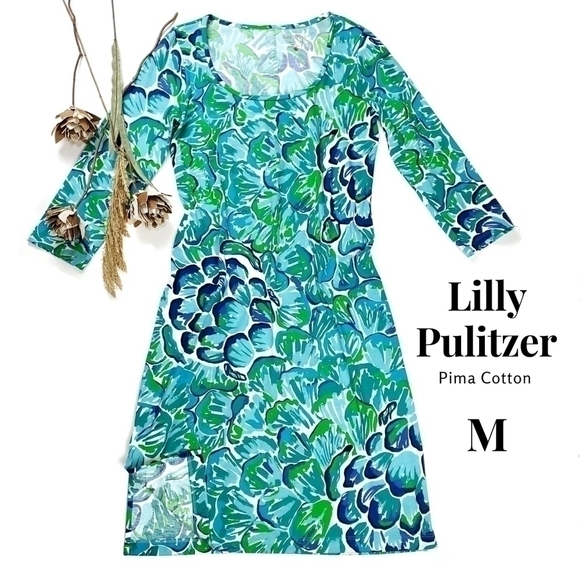 Lilly Pulitzer Dresses & Skirts - New Lilly Pulitzer 100% Pima Cotton Blue Green White Floral Dress Sz M